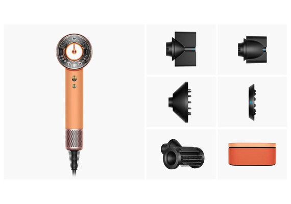 Фен Dyson Supersonic Nural HD16 Straight+Wavy (Ceramic apricot/Topaz), Комплектация: С кейсом, Диффузор: Есть , Вариант комплекта: Straight+Wavy, Цвет: Ceramic apricot/Topaz, Тип вилки: EU, изображение 2